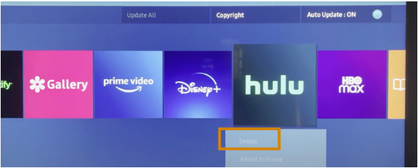 Select Delete to uninstall the Hulu app