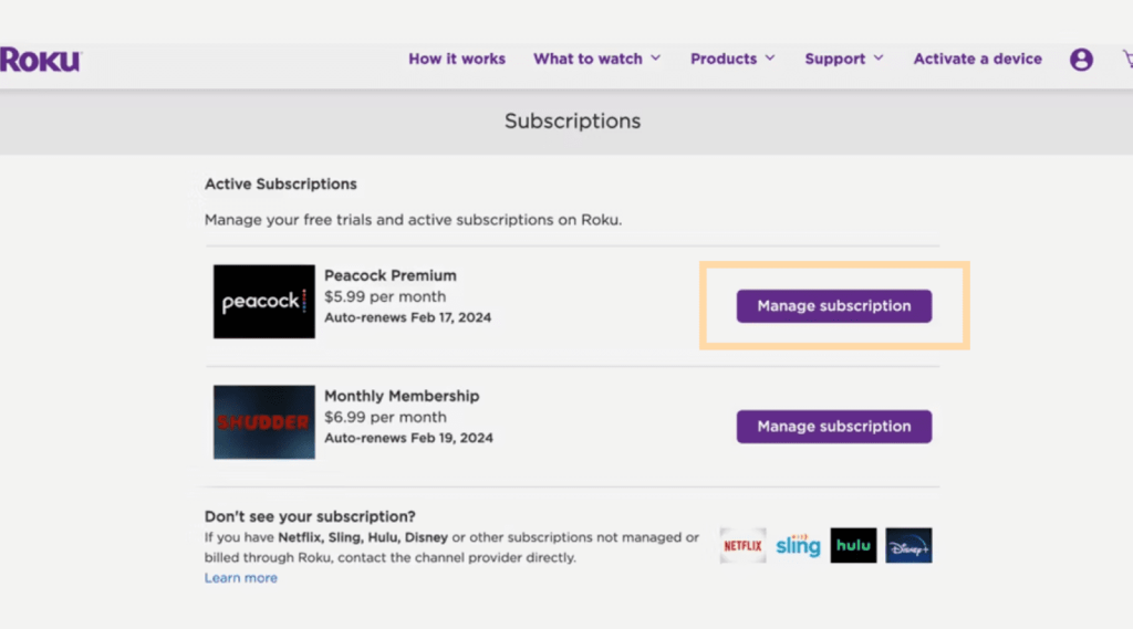 Roku Page to cancel Peacock Subscription