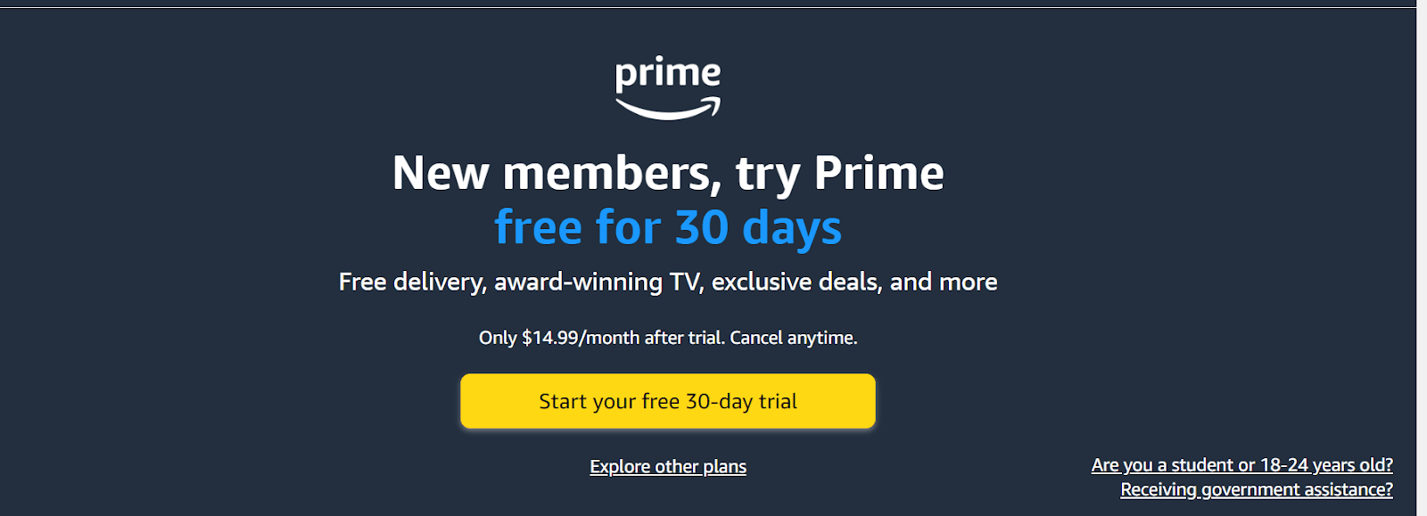 Amazon Prime Free Trial Page