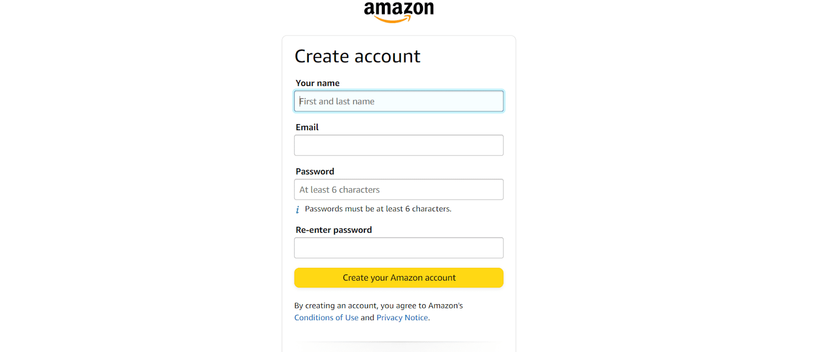 Amazon Create account page