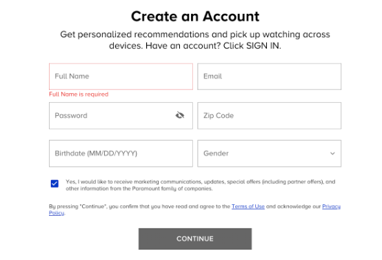 Paramount+ Website Sign Up Page