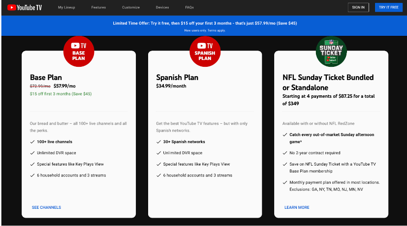 YouTube TV Price
