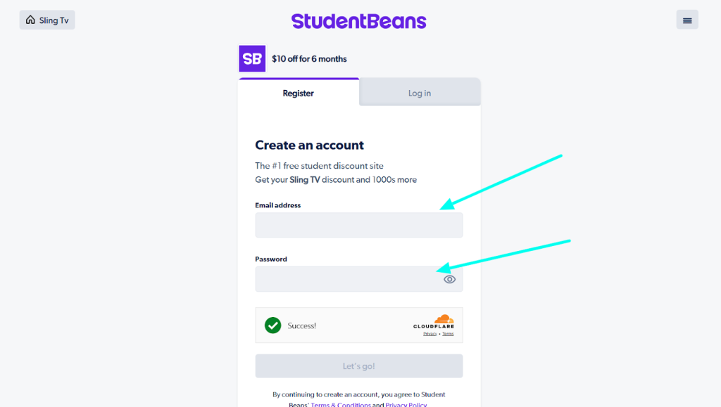 Log in or Sign Up for Student Beans