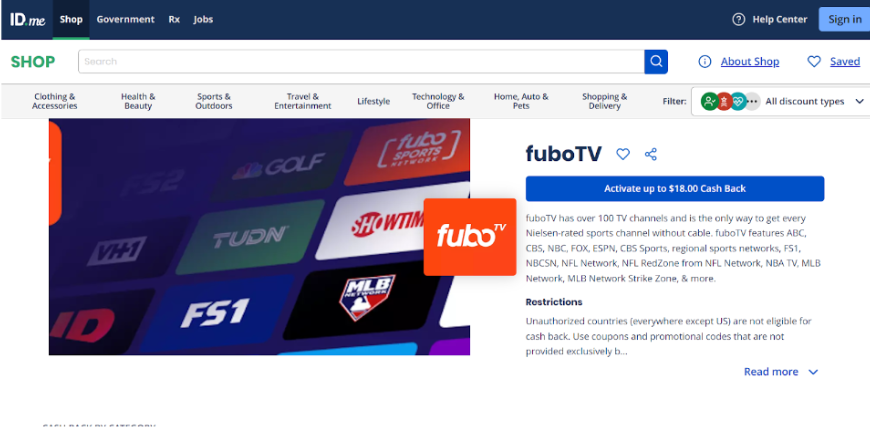 Visit this Fubo TV ID.me Cashback Page