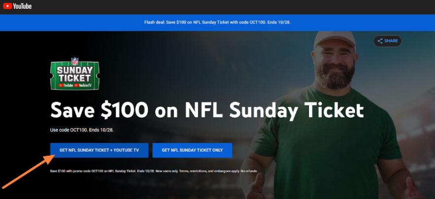 Click on Get NFL Sunday Ticket + YouTube TV Button