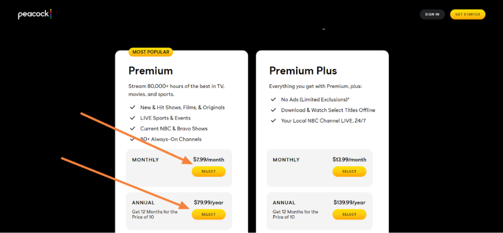 Visit the Peacock TV Website & Select Your Plan