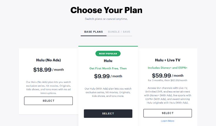 Hulu Pricing Page