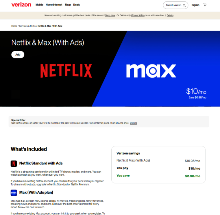 Verizon Netflix + MAX Offer