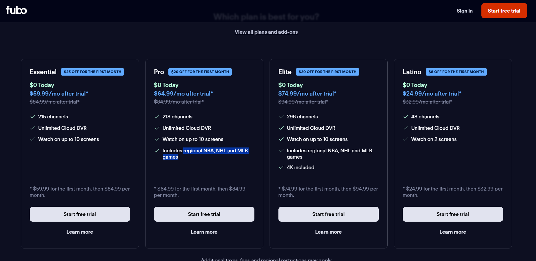 Fubo TV pricing page