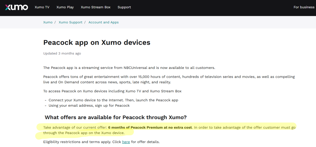 Peacock Free on Xumo for 6 months