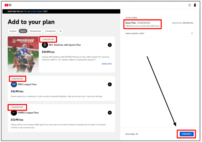 YouTube Tv Checkout Page