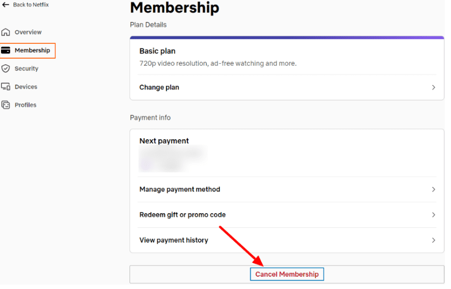 Click on Cancel Membership Option