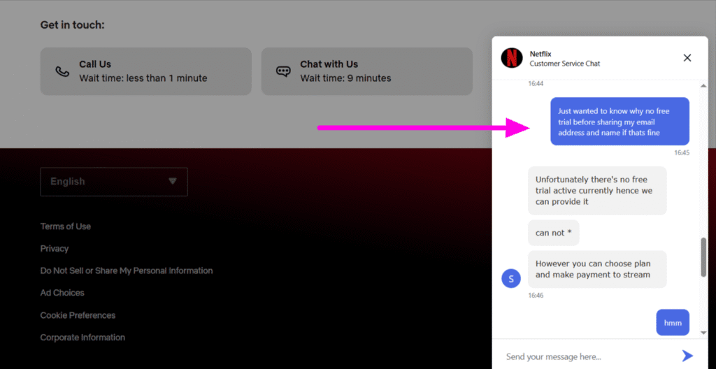 Netflix free trial chat with customer service agent